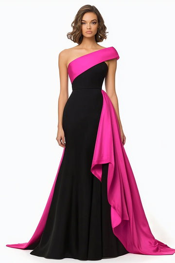 One Shoulder Mermaid Ruffled Black Evening Dress With Side Streamer